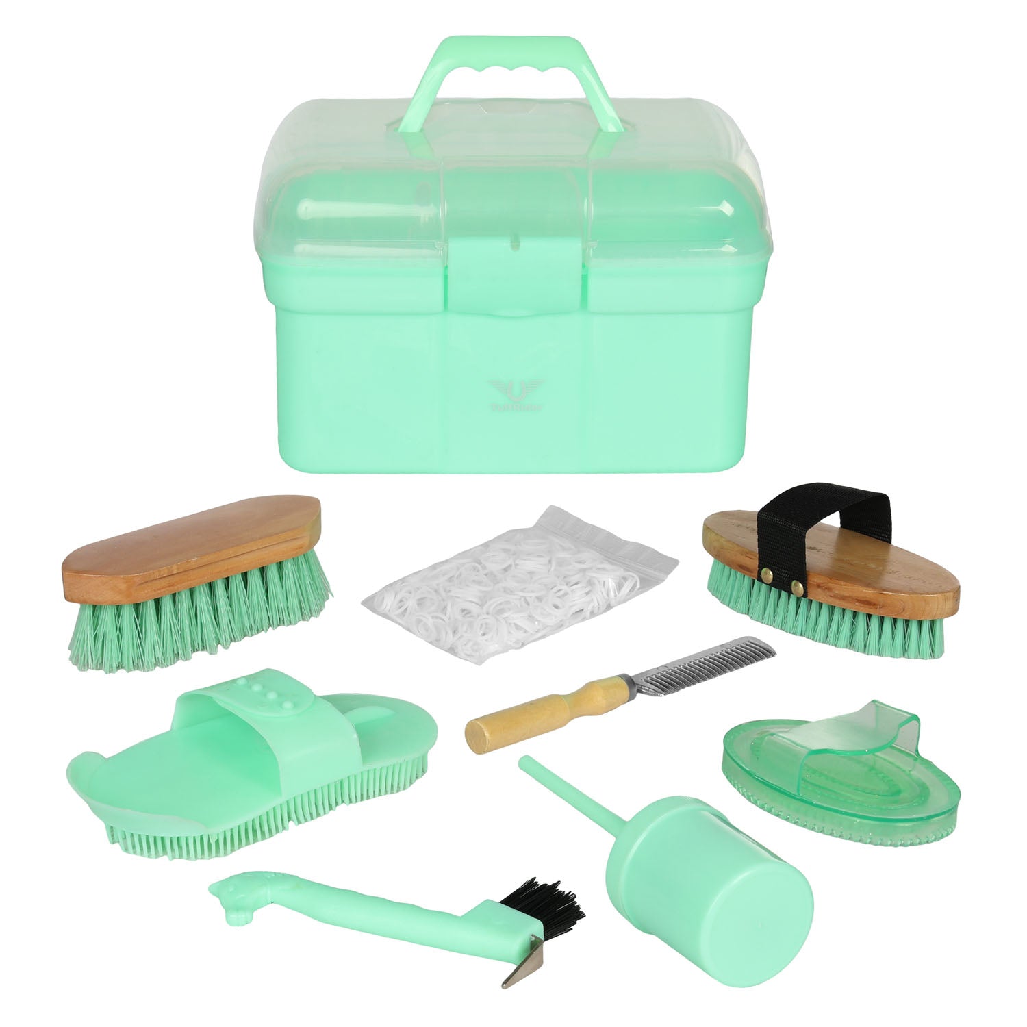 Green grooming kit with various brushes and tools on a white background