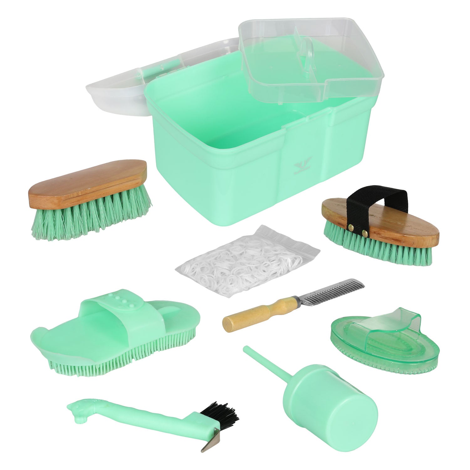 Set of green grooming tools for pets including brushes and a container on a white background