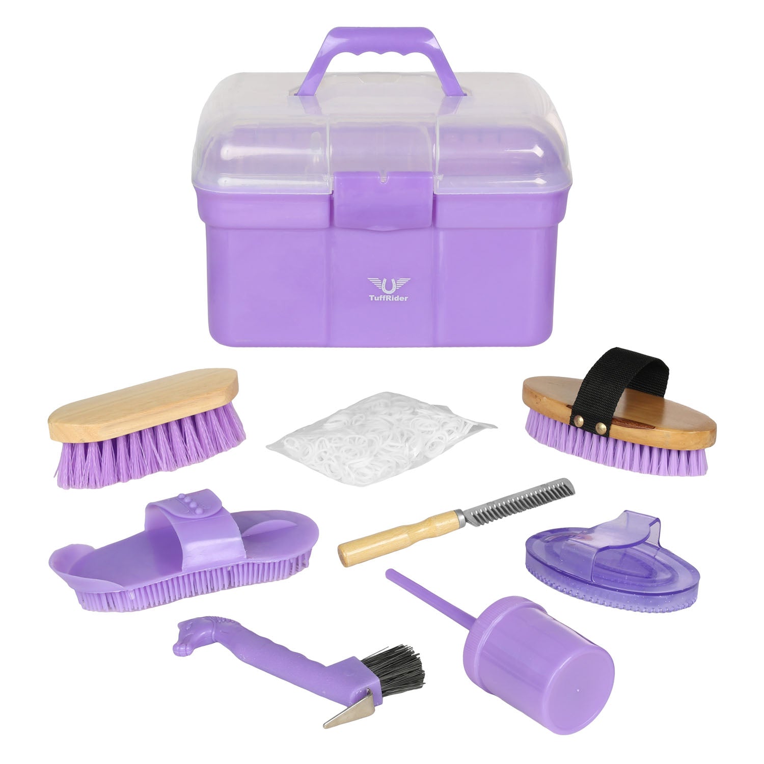 Purple grooming tool set with a clear container on a white background