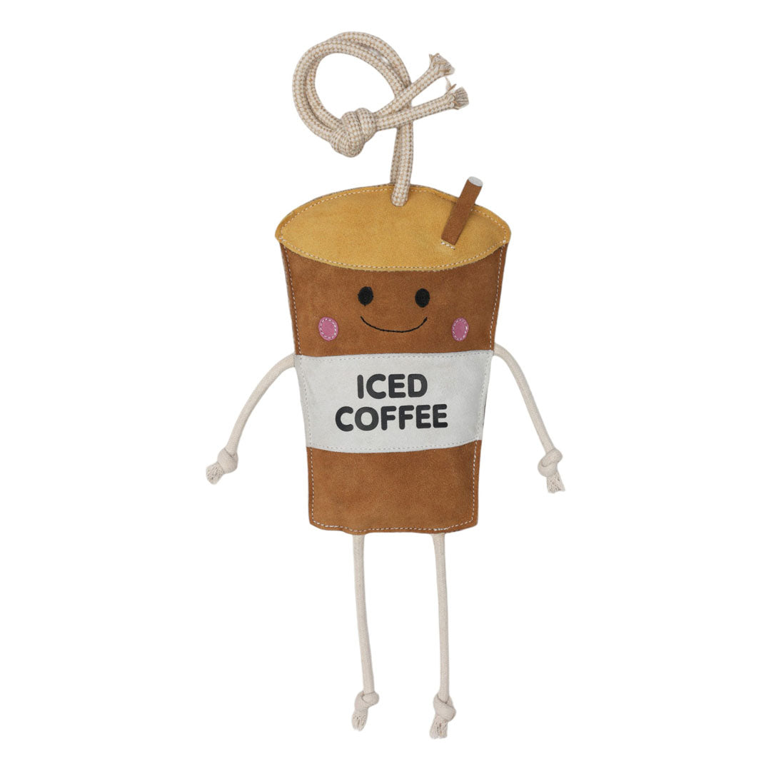 Toy resembling an iced coffee cup with a smiling face on a white background