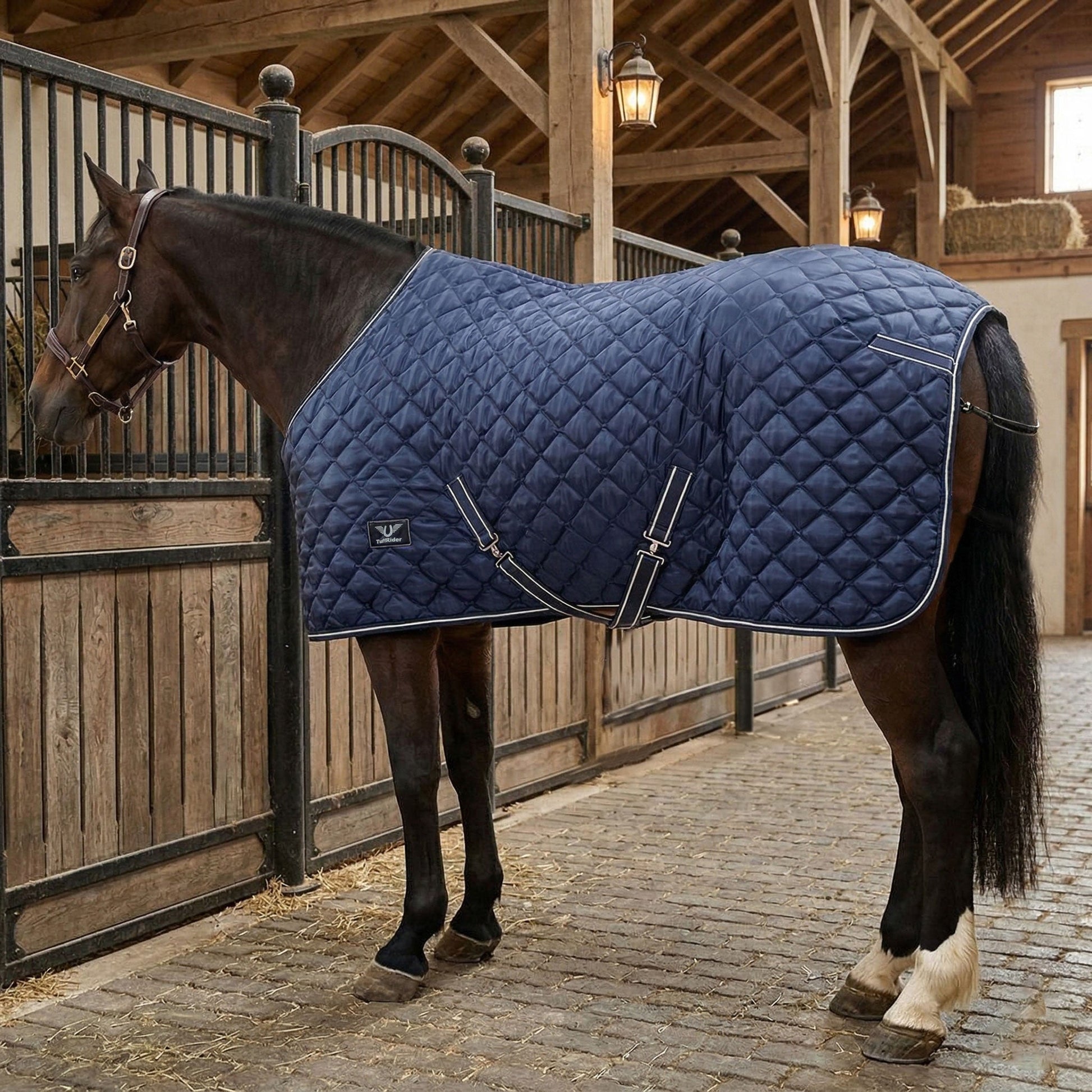Horse wearing a blue quilted blanket in a stable