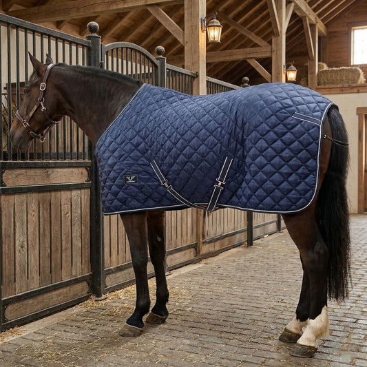 Horse wearing a blue quilted blanket in a stable