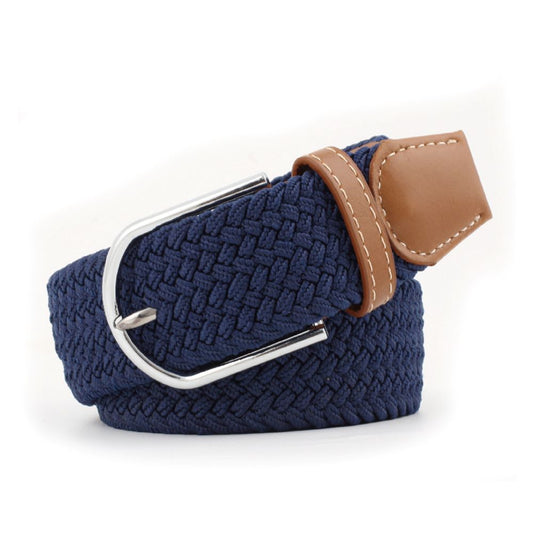 Navy blue woven belt with a brown leather strap and silver buckle on a white background