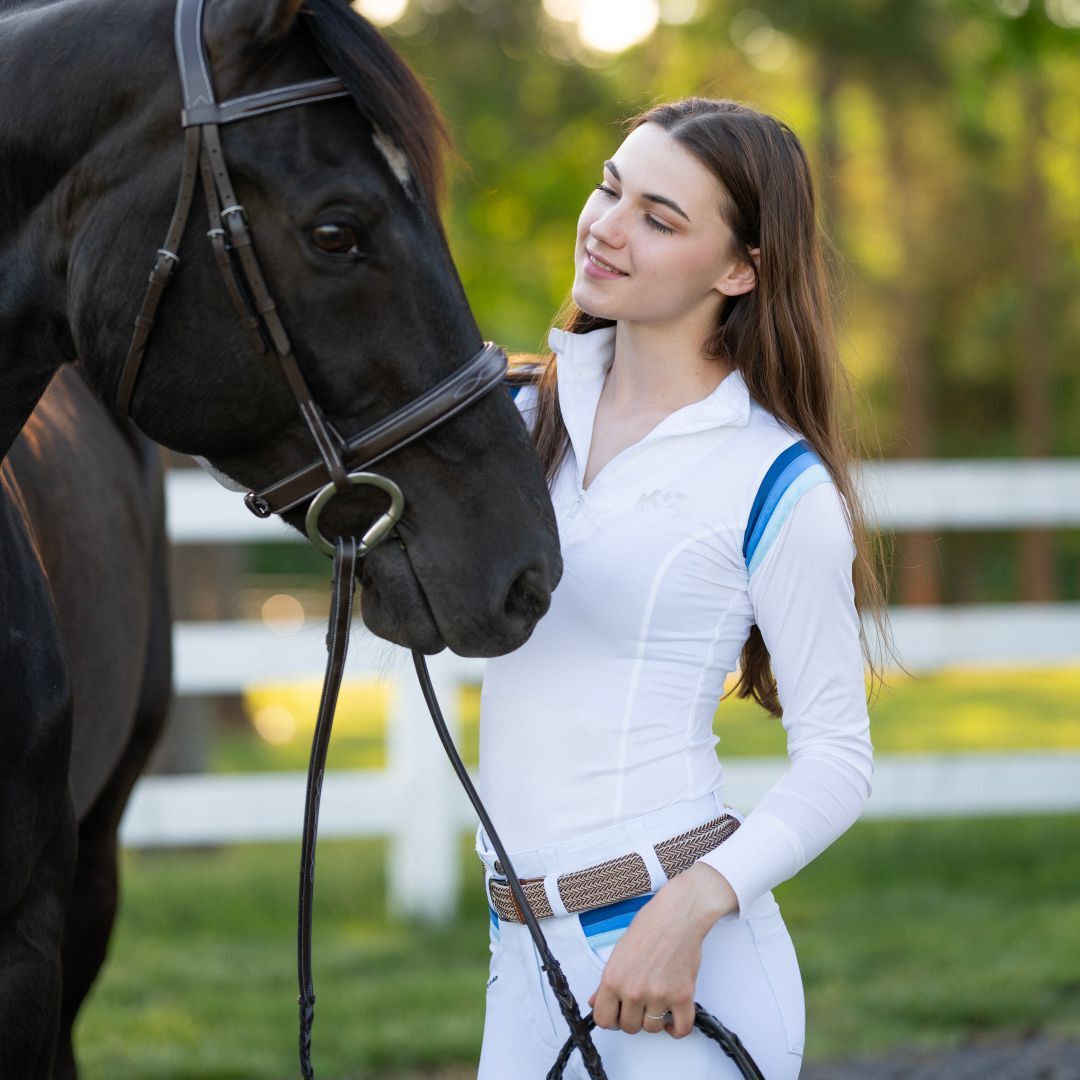 white long sleeve show shirt with blue trim