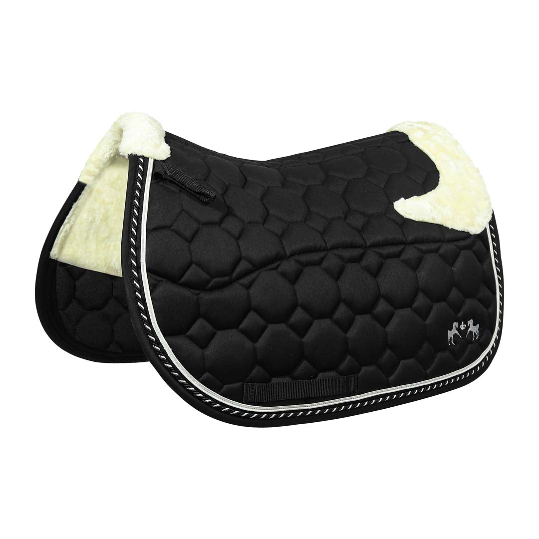 Black quilted saddle pad with white fur trim 