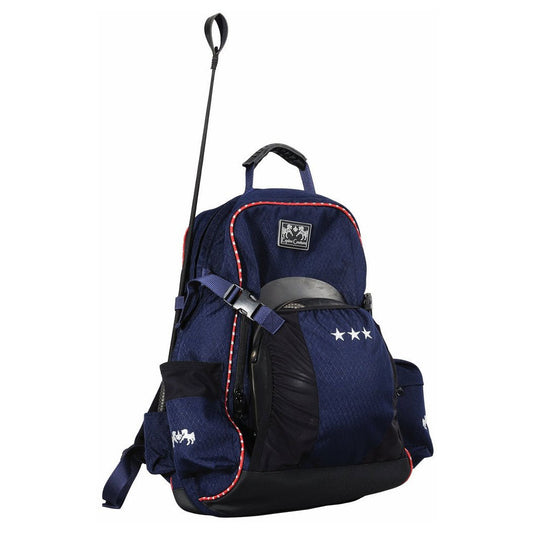 navy backpack with red trim