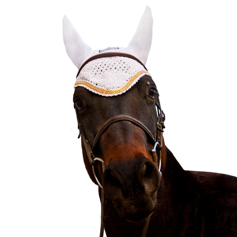 white fly bonnet with gold trim