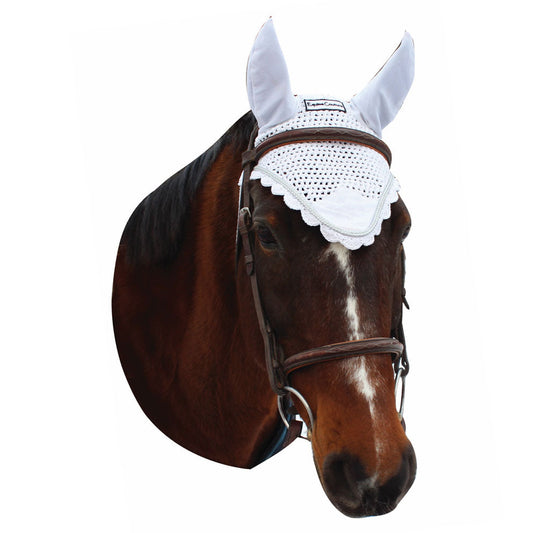 white fly mask with silver trim