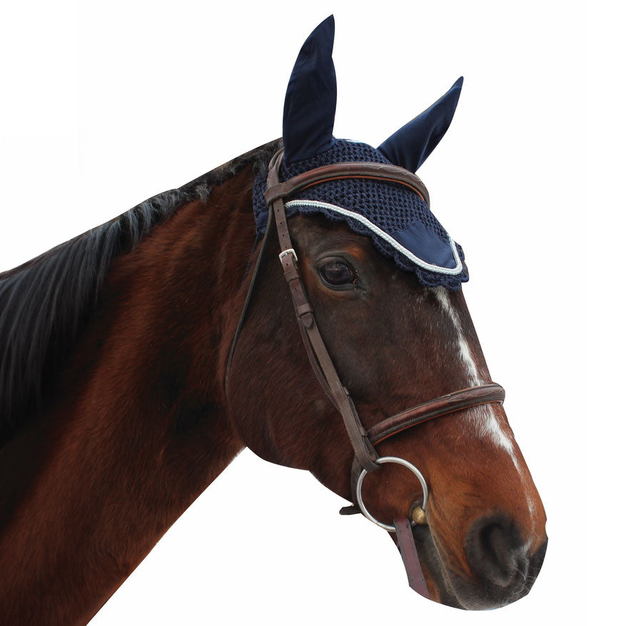 blue fly mask with silver trim