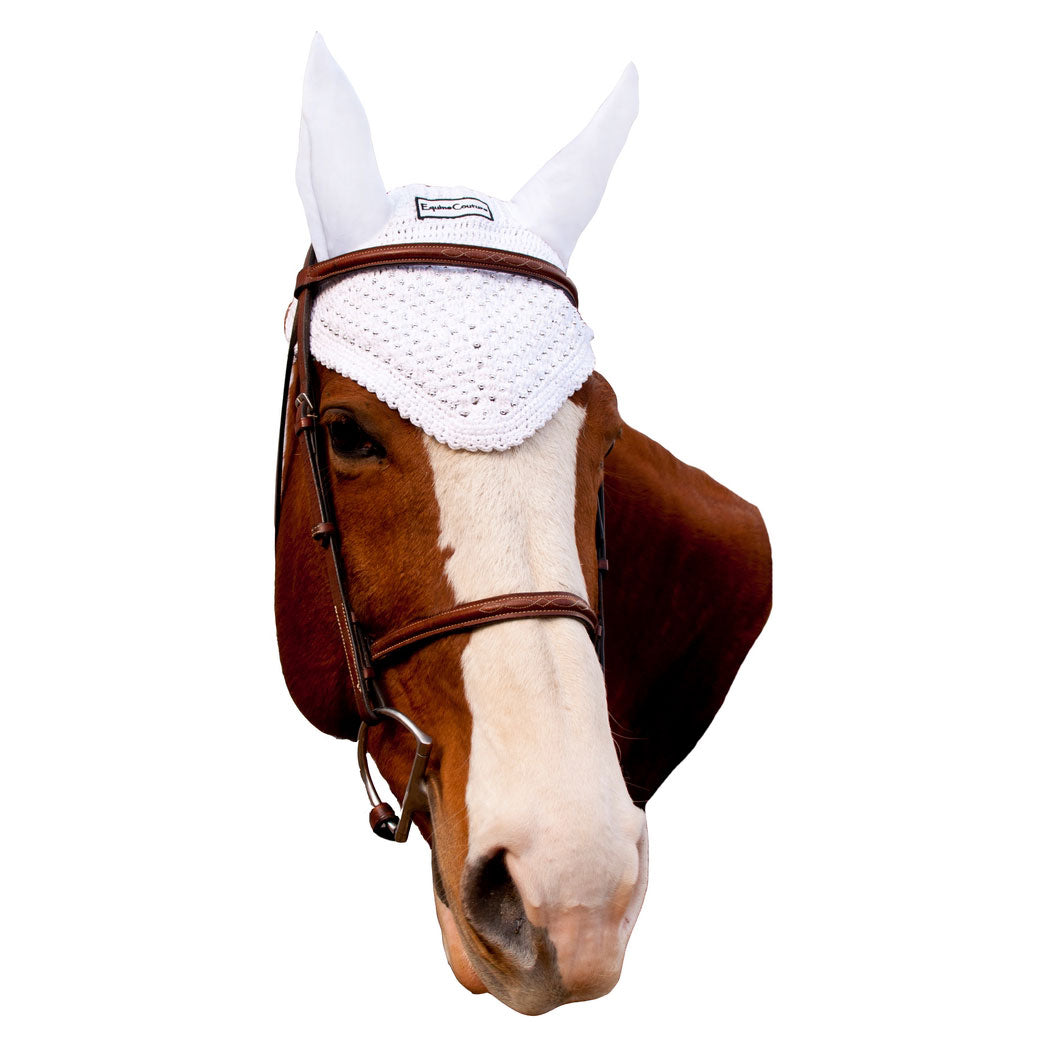 white crochet horse bonnet