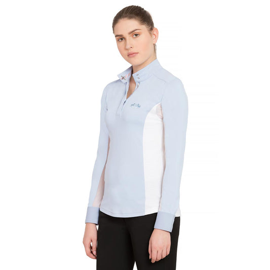 blue and white long sleeve show shirt