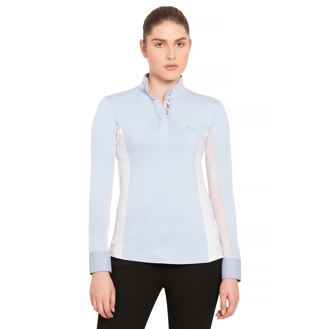 blue and white long sleeve show shirt