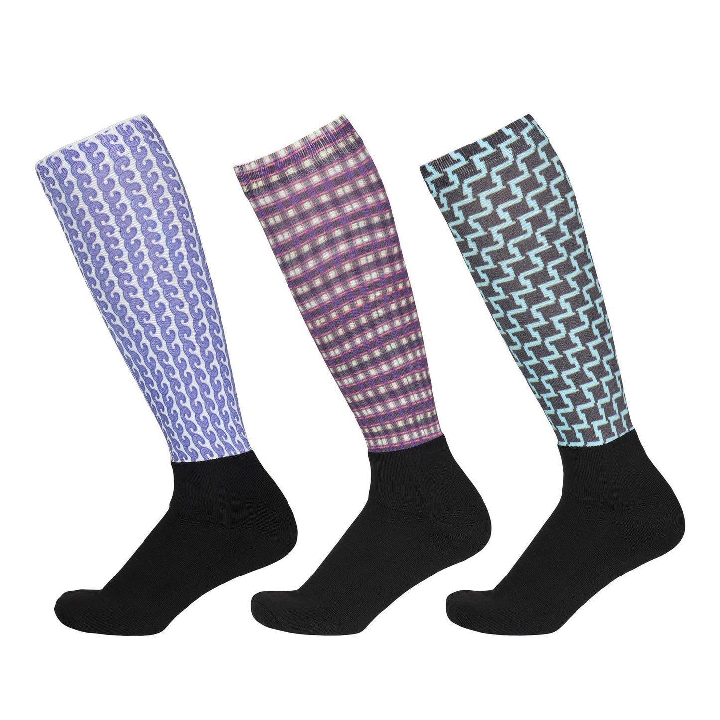 Three pairs of patterned knee-high socks 