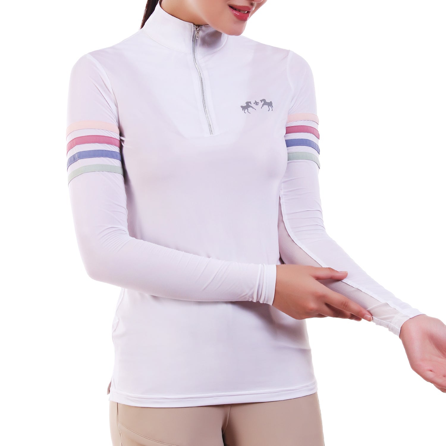 white long sleeve riding top with colorful trim