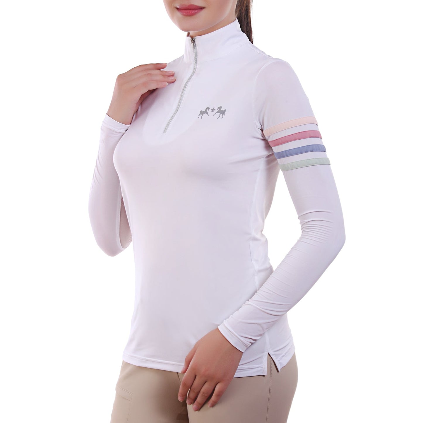 white long sleeve riding top with colorful trim