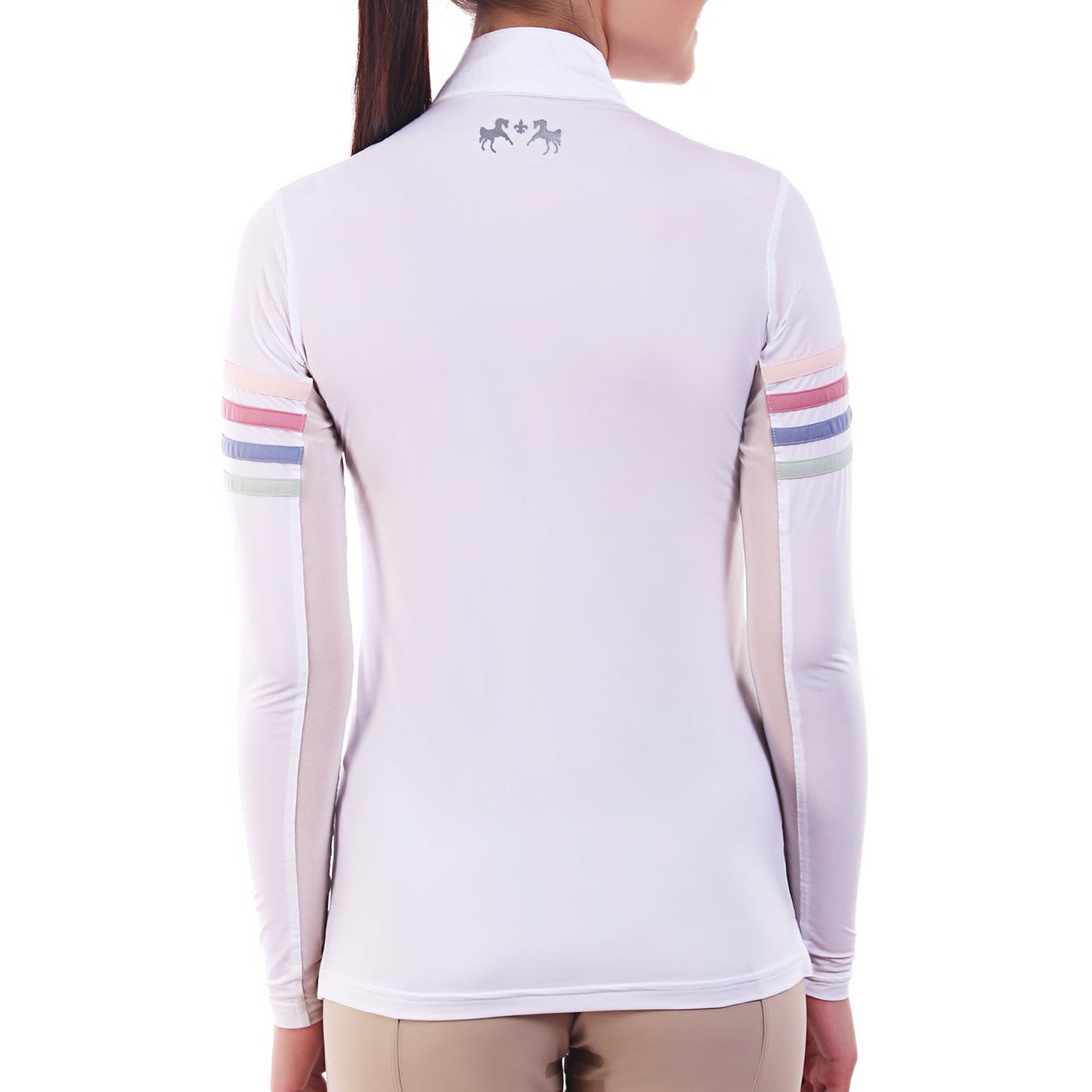 white long sleeve riding top with colorful trim