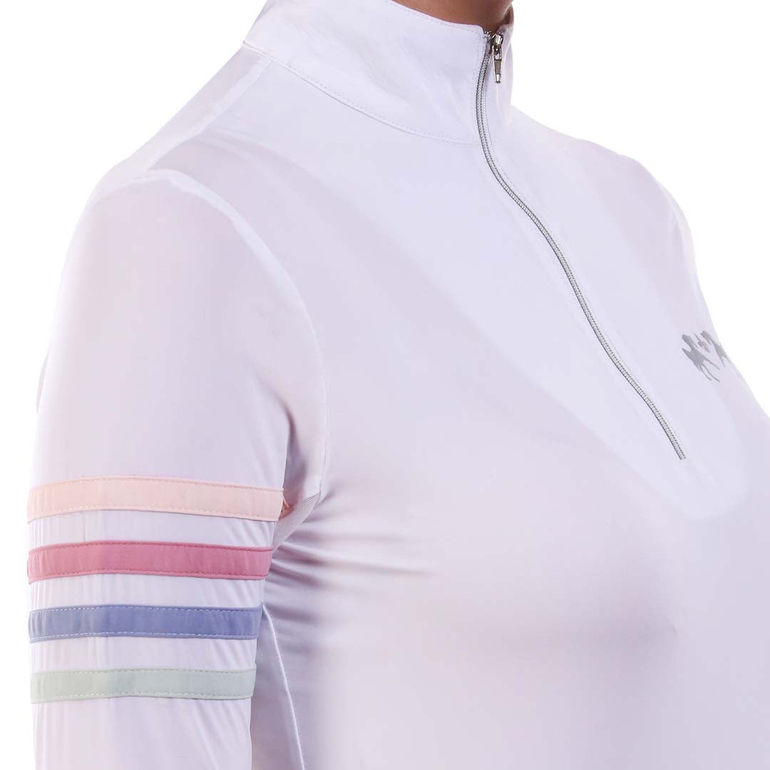 white long sleeve riding top with colorful trim