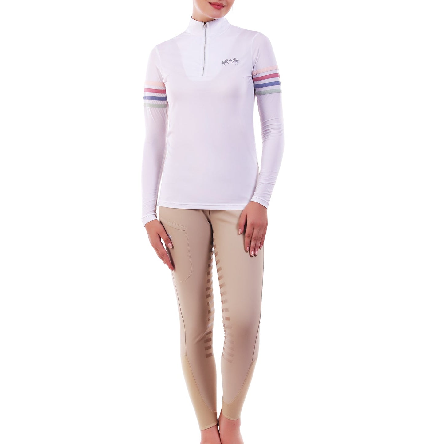 white long sleeve riding top with colorful trim