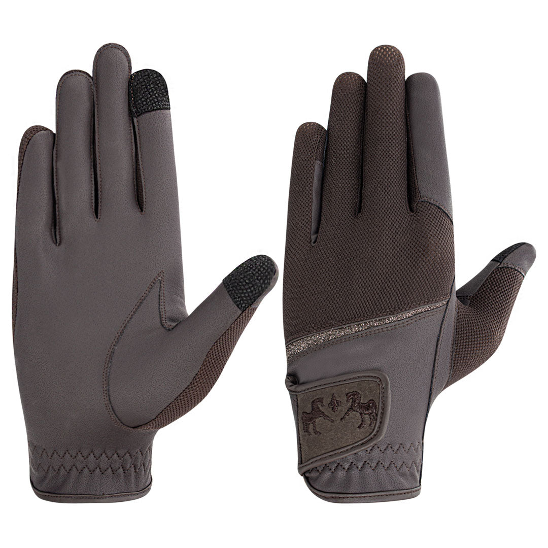 brown riding gloves with glitter trim