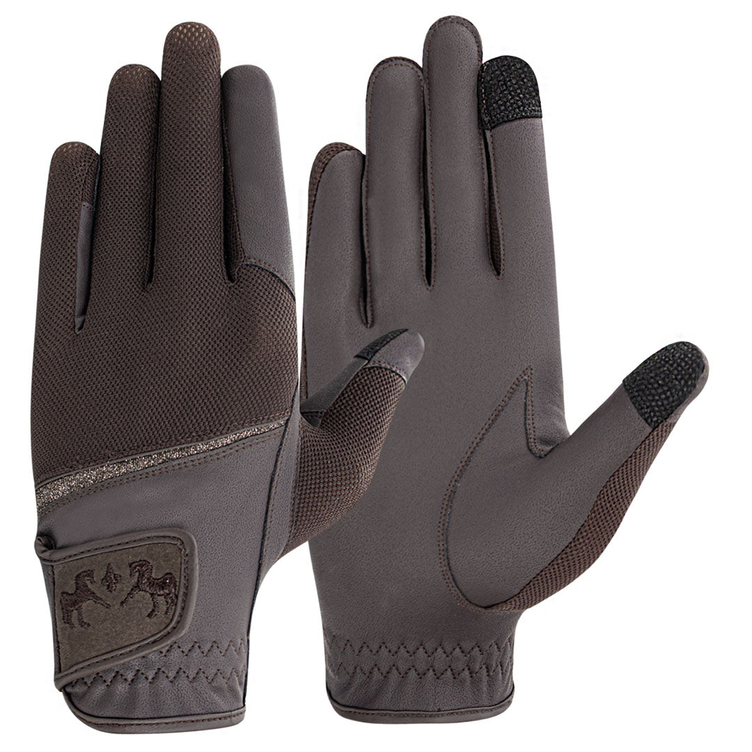 brown riding gloves with glitter trim