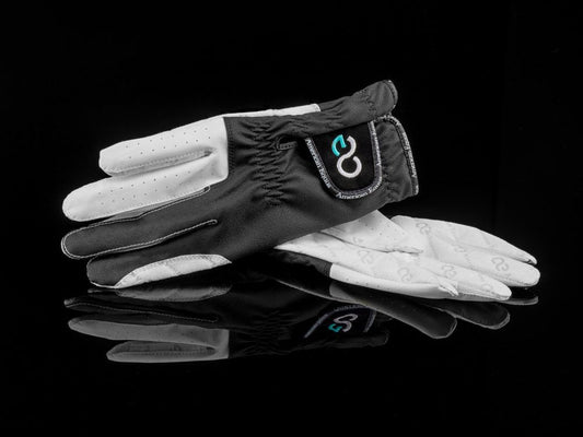 black and white riding gloves