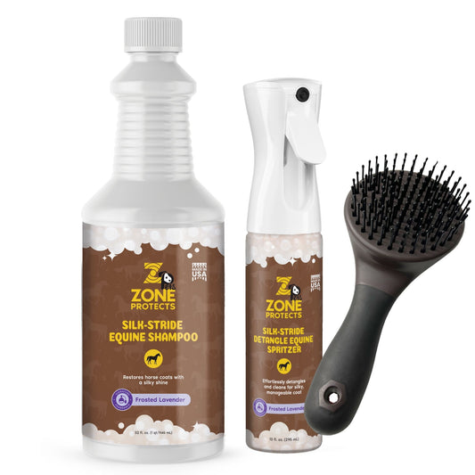 Zone Protects equine grooming products including shampoo, detangler spritzer, and brush on a white background.