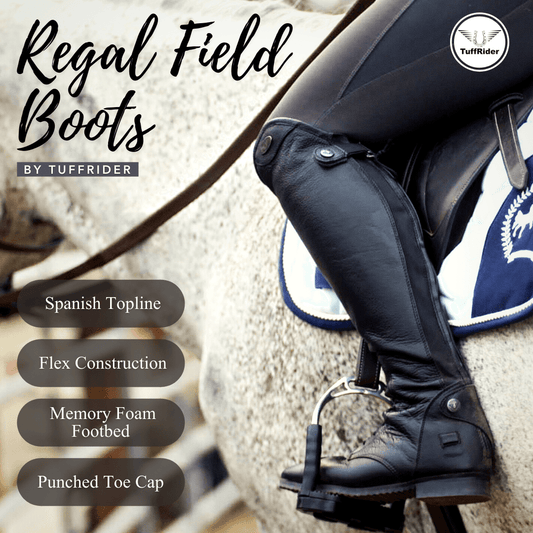 Equestrian boot with horse saddle in the background, featuring TuffRider branding.