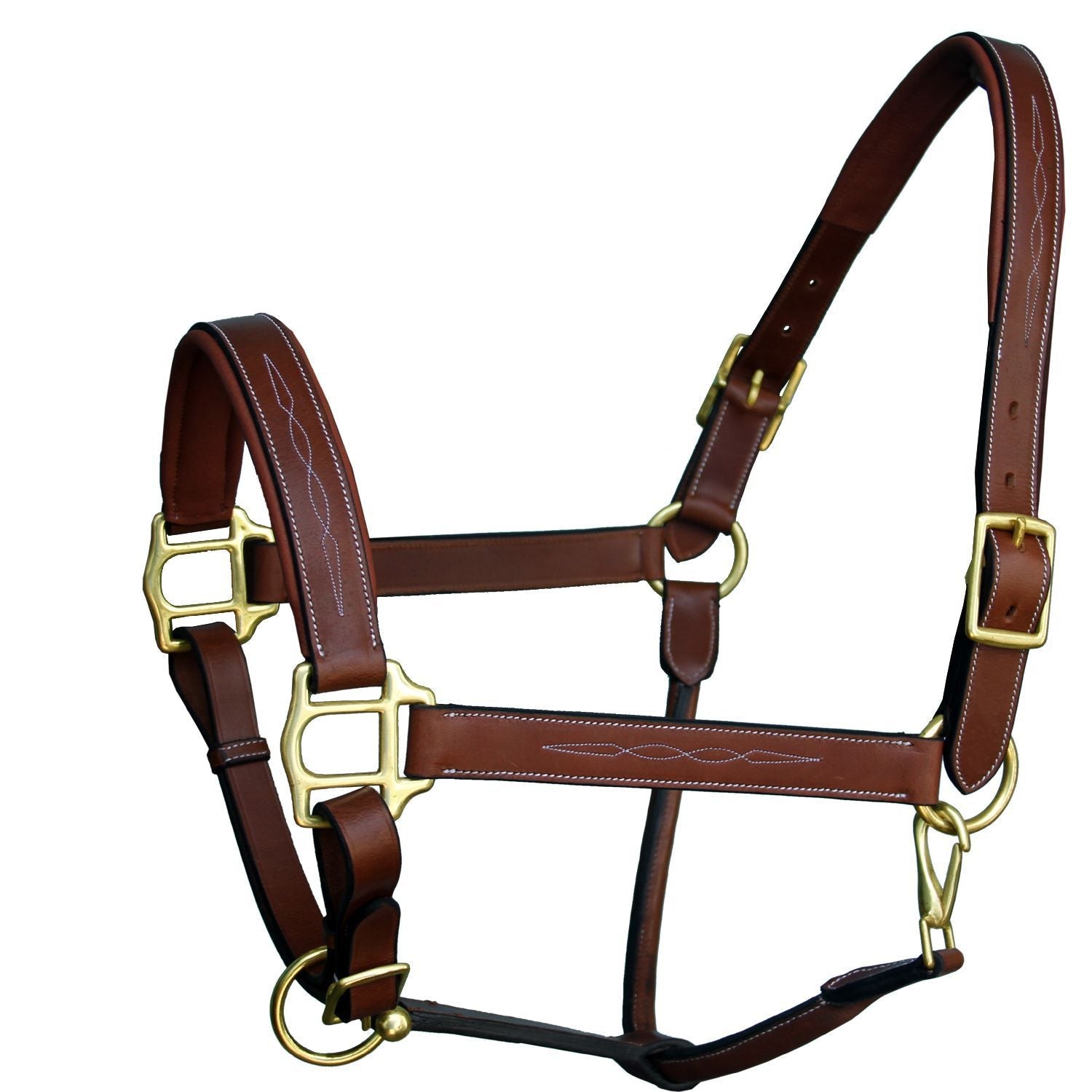 Brown leather horse halter with gold hardware 