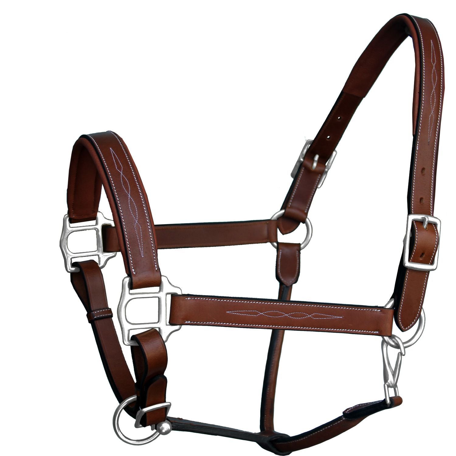 Brown leather horse halter with silver hardware