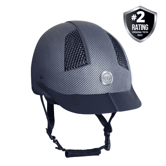 Equestrian helmet with a visible brand logo on a white background