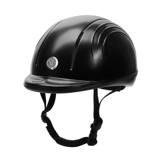 Black riding helmet with a visible brand logo on a white background