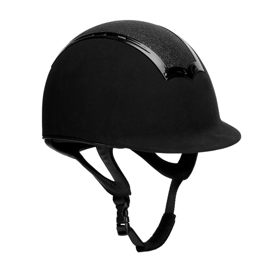 Black helmet with a shiny visor on a white background