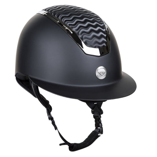 Black riding helmet with wavy pattern on a white background