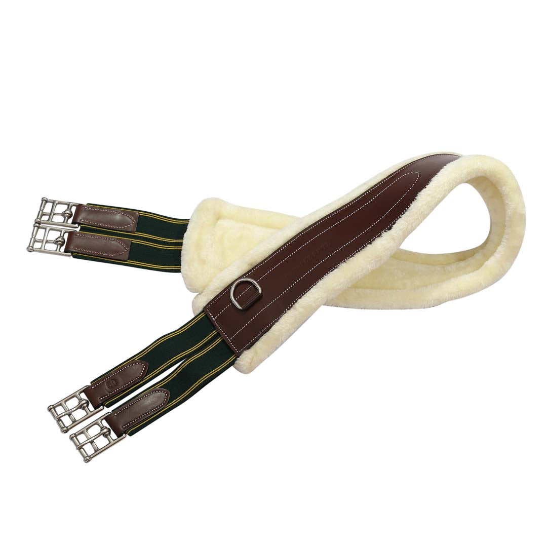 Equestrian girth strap with brown leather and white fleece on a white background
