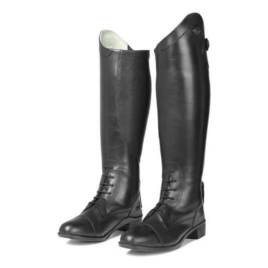 Pair of black riding boots on a white background