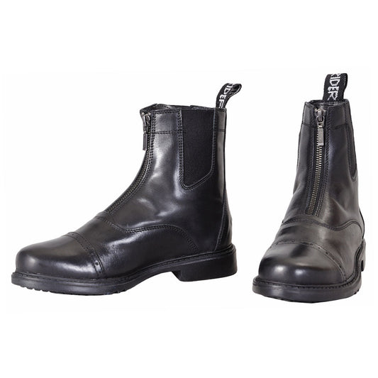 Pair of black leather boots with zippers on a white background