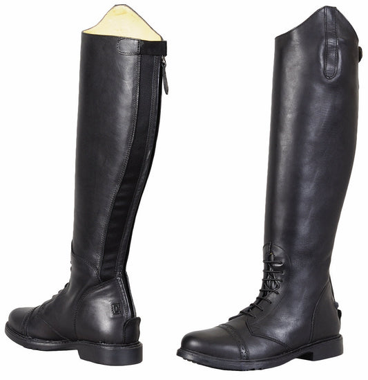 Pair of black riding boots on a white background