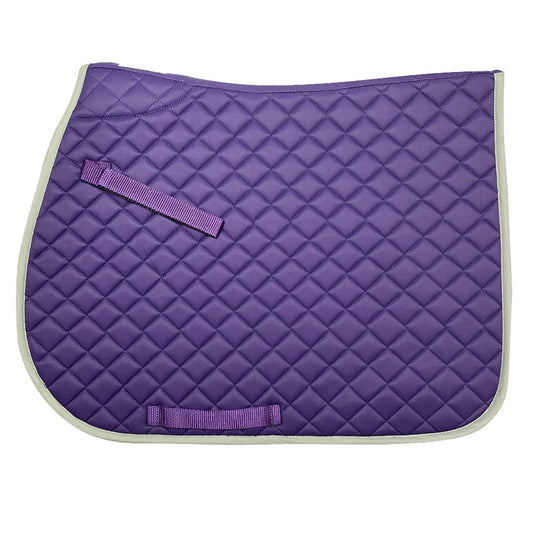 Purple quilted saddle pad with a white border on a white background