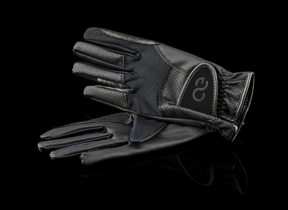 black leather and mesh riding gloves
