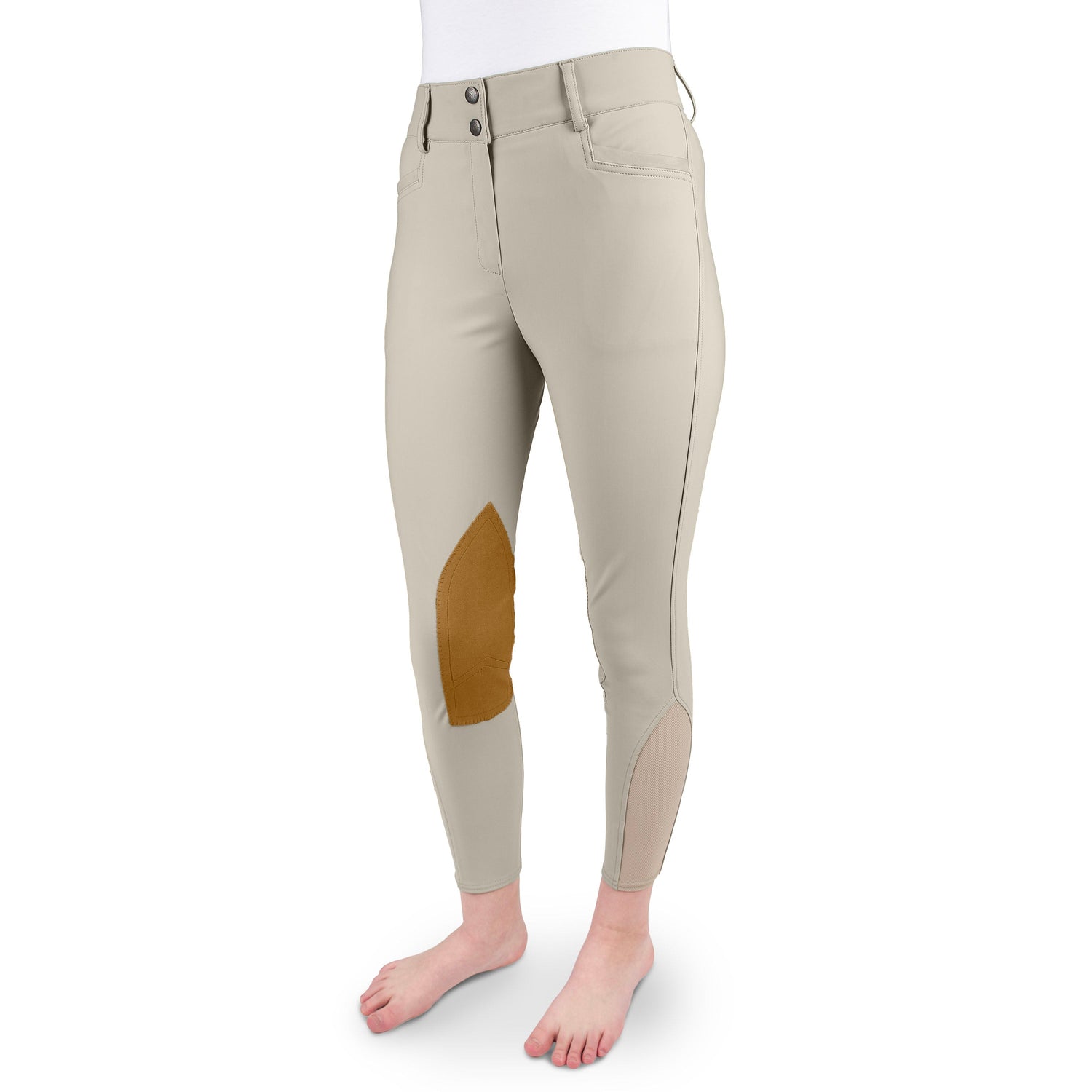 tan riding pants with brown patch