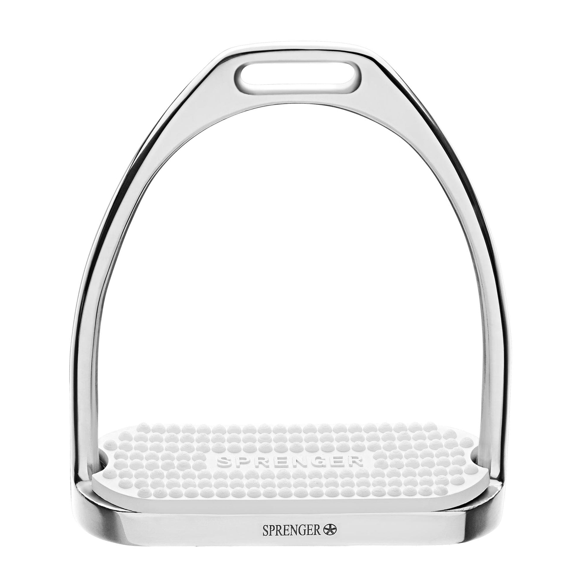 Silver equestrian stirrup with 'Sprenger' branding on a white background