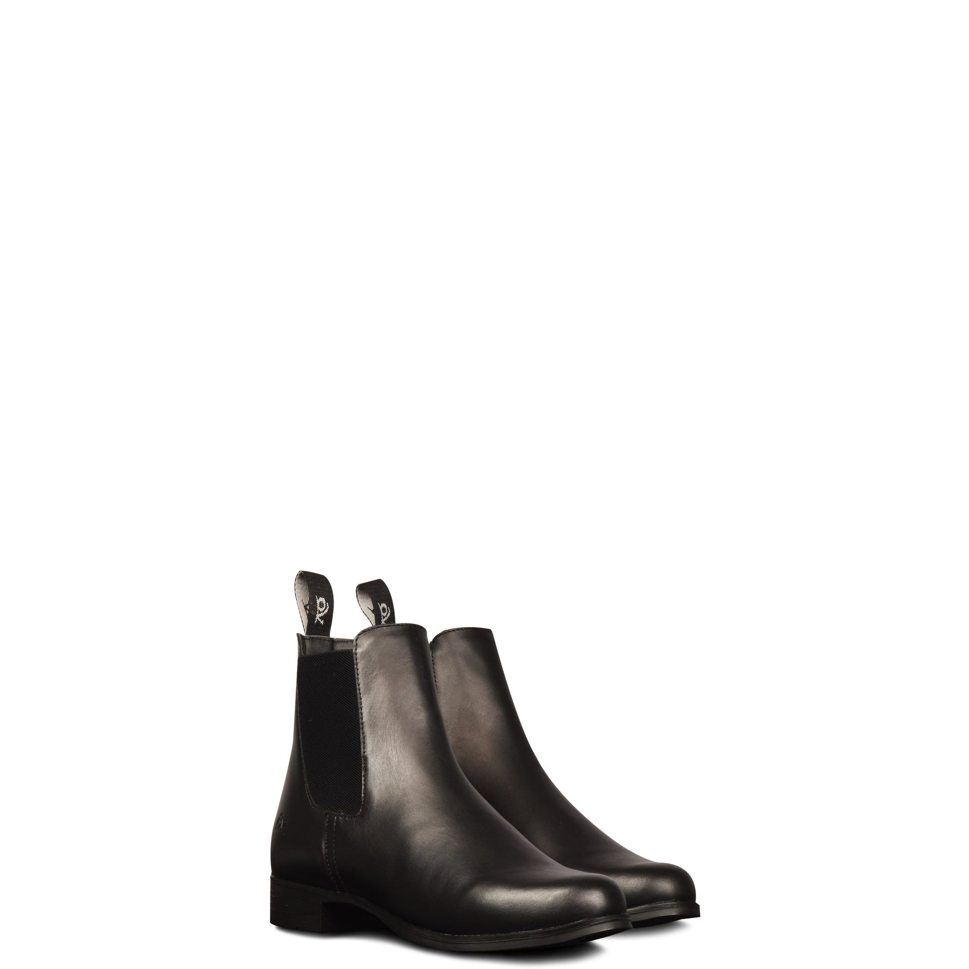 Pair of black leather Chelsea boots on a white background
