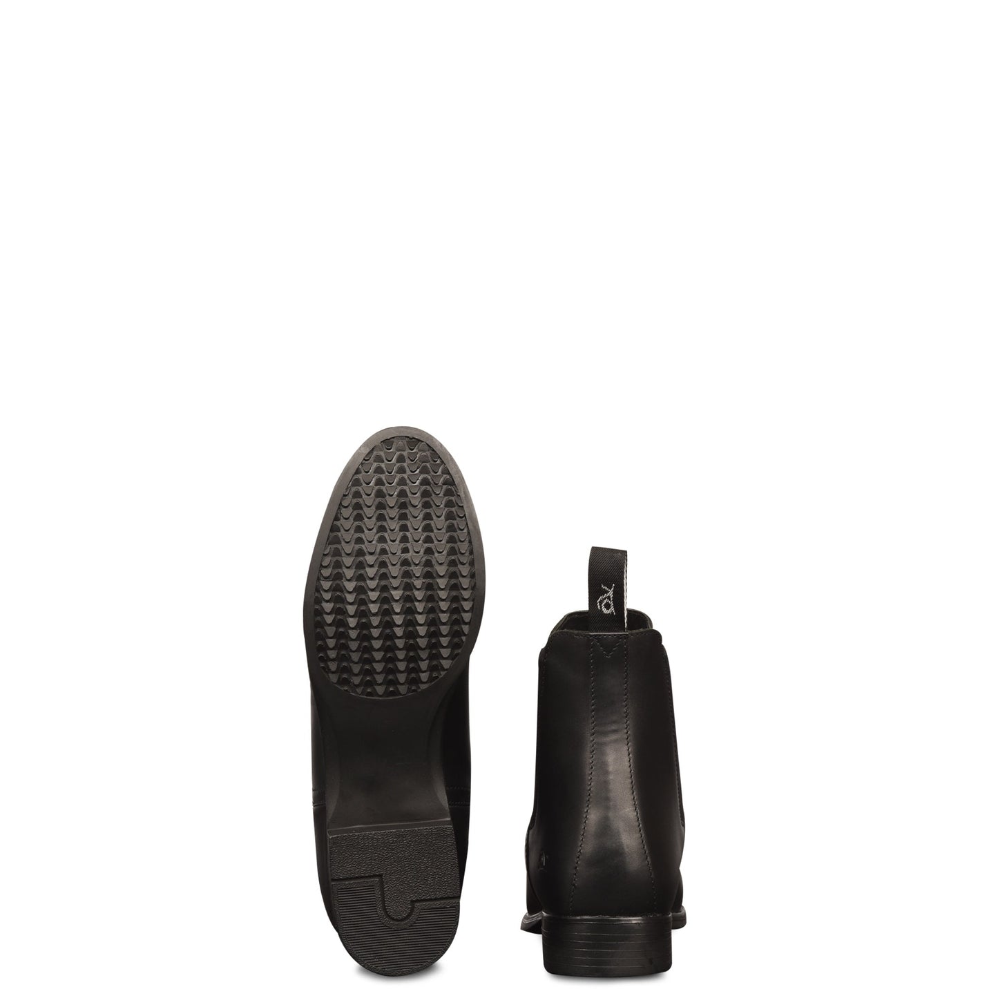 Black leather boot with sole and side view on a white background