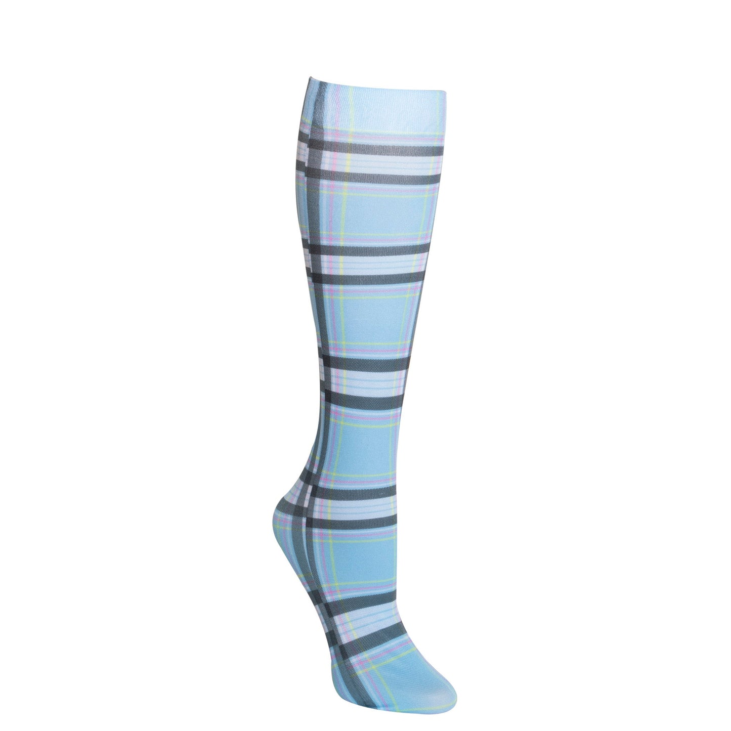 Knee high sock with blue and grey plaid pattern