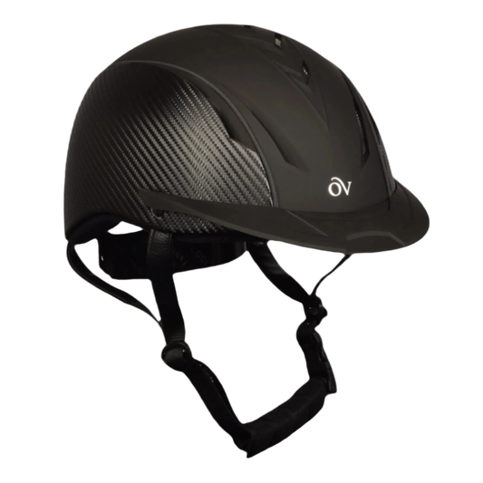 Black riding helmet with a brand logo on a white background