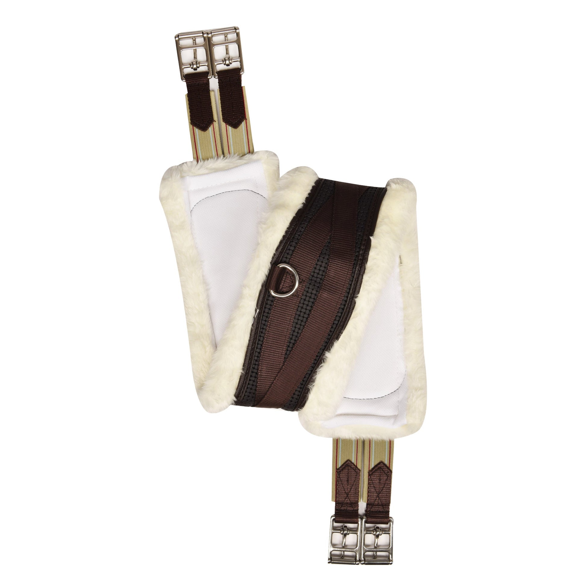 Equestrian girth with white padding and brown straps 