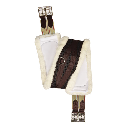 Equestrian girth with white padding and brown straps 