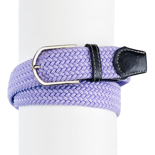 Purple woven belt with a black buckle on a white background