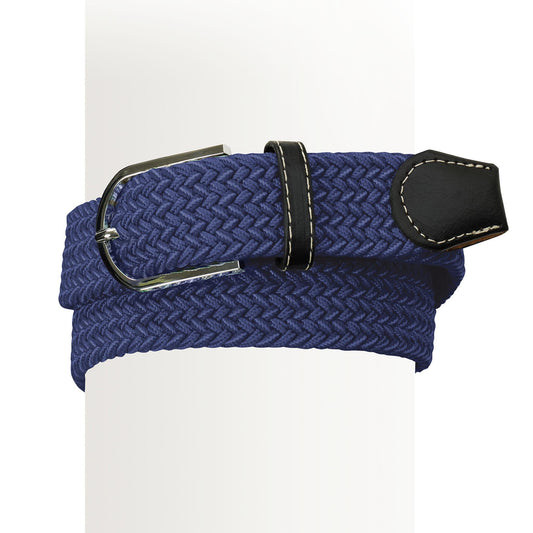 Blue woven belt with a silver buckle on a white background