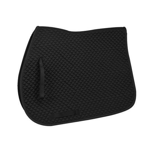 Black quilted saddle pad on a white background